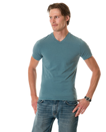 Casual young adult man. Studio shot over white.の写真素材