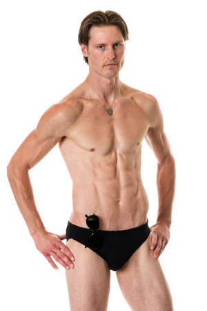 Man in swimwear. Studio shot over white.の写真素材
