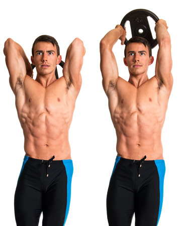 Overhead Tricep Extension. Studio composite over white.の写真素材