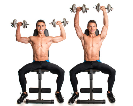 Seated Shoulder Press. Studio composite over white.の写真素材