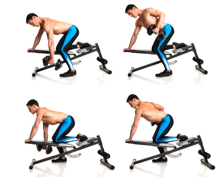 One Arm Dumbbell Row. Studio composite over white.の写真素材