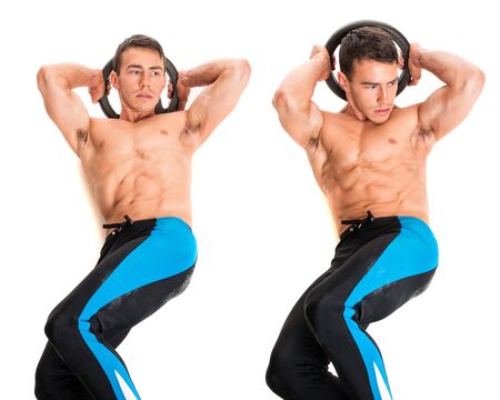 Weighted crunch exercise. Studio composite over white.の写真素材
