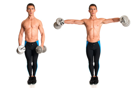 Dumbbell Lateral Raise. Studio composite over white.の写真素材