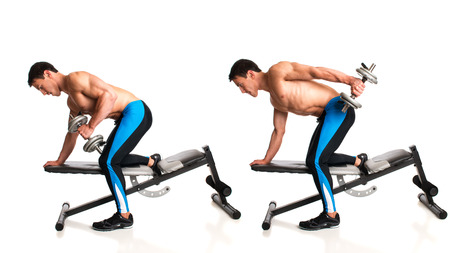 Tricep Dumbbell Kickback. Studio composite over white.の写真素材