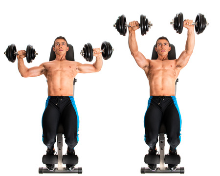 Dumbbell Chest Press. Studio composite over white.の写真素材