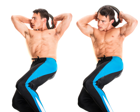 Weighted crunch exercise. Studio composite over white.の写真素材