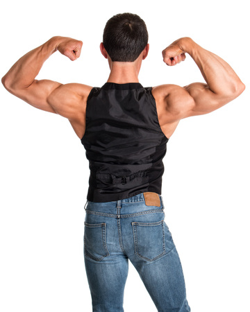 Bodybuilder posing. Studio shot on white.の写真素材