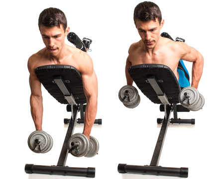 Dumbbell Incline Row. Studio composite over white.の写真素材