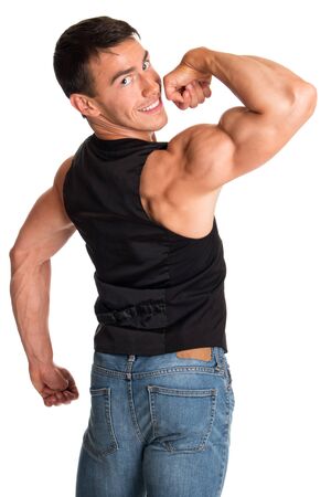 Bodybuilder posing. Studio shot on white.の写真素材