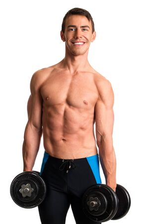 Athletic man with dumbbells. Studio shot over white.の写真素材