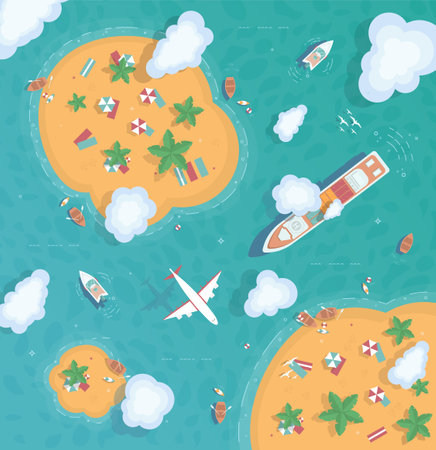 Illustration of an island in the middle of the ocean. Flat style. Top view. Container ship, cargo ship, yacht. The plane is flying over the ocean. Summertime - sea, sand, umbrellas, palm, surfing.のイラスト素材
