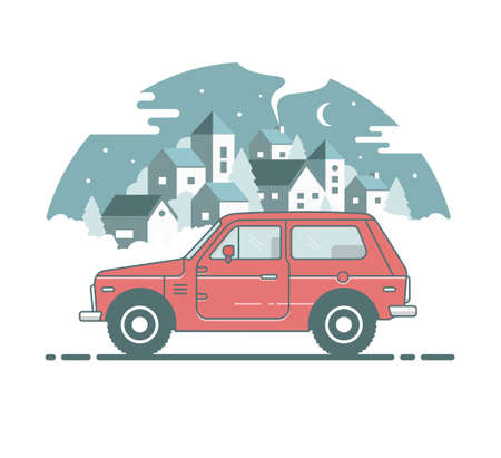 Vintage rural color suv 4x4. Car side view. Flat cartoon isolated illustration. City view background. Vector car with backgound for graphic and web design.のイラスト素材