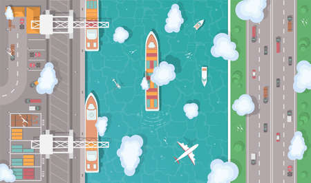 Illustration of a cargo port in flat style. Top view of the harbor. Container ship, yachts, boats,...