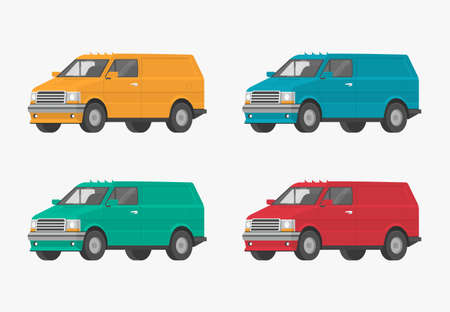 Urban vehicle. Van in 4 different colors. Flat cartoon illustration, orthogonal car for graphic and web design.のイラスト素材