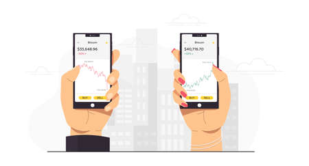 Buy sell bitcoin. Online crypto payment concept. Flat vector for business, web banners, website design.のイラスト素材