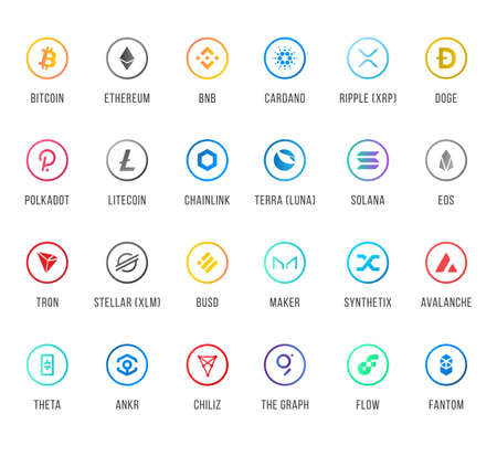Vector illustration set, collection of crypto currency blockchain flat icon isolated on white background.のイラスト素材