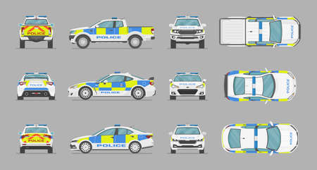English police cars. Side view, front view, back view, top view. Cartoon flat illustration, auto for graphic and webのイラスト素材