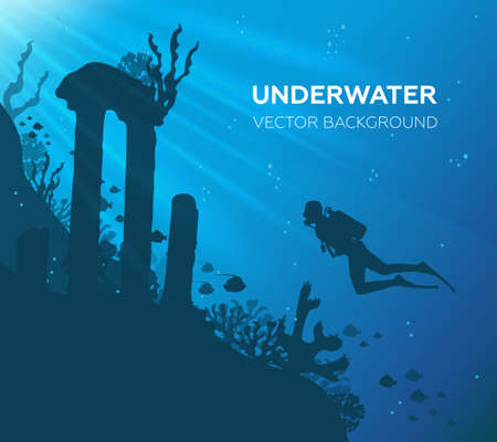 Silhouette of coral reef with fish and scuba diver on a blue sea background. Underwater marine wildlife. Nature vector illustration.のイラスト素材