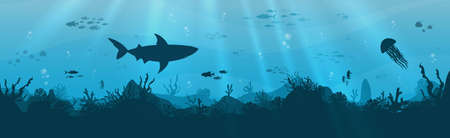 Silhouette of coral reef with fish and scuba diver on a blue sea background. Underwater marine wildlife. Nature vector illustration.のイラスト素材