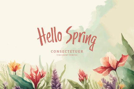 Hello Spring watercolor background with flowers and leaves. vector illustration.のイラスト素材