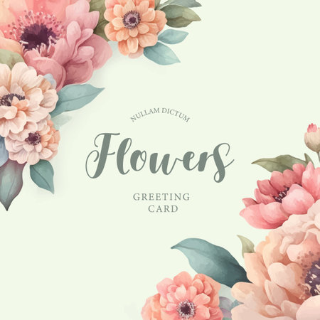 Floral greeting card template with peony flowers. vector illustration.のイラスト素材