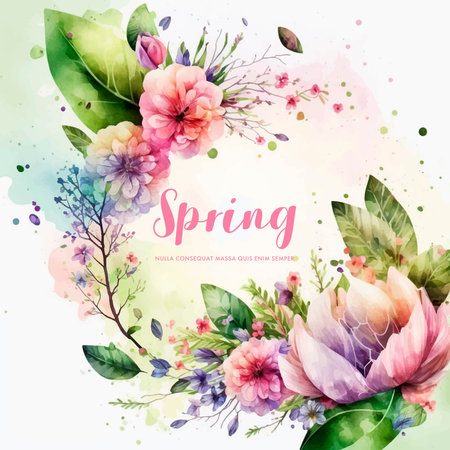 Watercolor spring floral wreath, hand painted on a white backgroundのイラスト素材