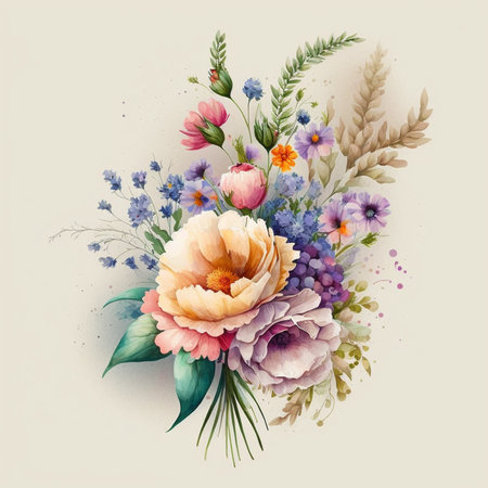Watercolor bouquet of peonies and wildflowers, hand drawn illustrationのイラスト素材