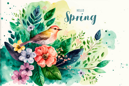 Spring watercolor background with flowers, leaves and birds. vector illustration.の写真素材