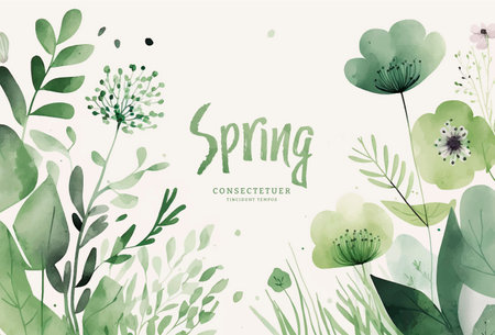 Watercolor spring background with flowers and plants. hand drawn vector illustration.のイラスト素材
