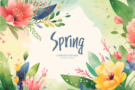 Spring watercolor background with flowers and leaves. vector illustration.のイラスト素材