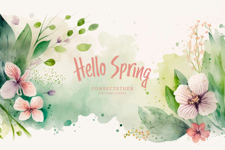 Watercolor floral background with pink flowers and green leaves. vector illustration.のイラスト素材