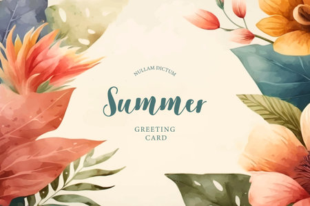 Hello Summer watercolor background with tropical flowers and leaves. vector illustrationのイラスト素材
