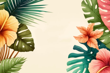 Tropical background with palm leaves and hibiscus flowers. vector illustration.の写真素材