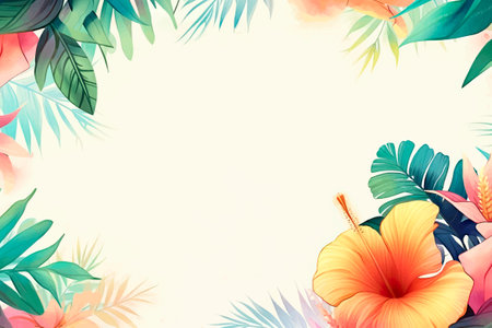 Tropical background with palm leaves and hibiscus flowers. vector illustration.の写真素材