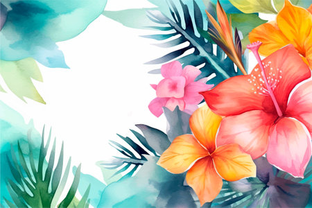 Watercolor tropical background with hibiscus flowers and palm leavesの写真素材