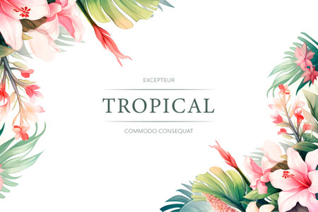 Tropical background with exotic flowers and leaves. vector illustration.のイラスト素材