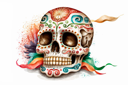 Colorful sugar skull isolated on white background. hand drawn watercolor illustrationの写真素材