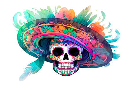 Mexican skull with sombrero and colorful feathers, vector illustration