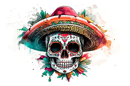 Sugar skull wearing mexican sombrero hat. vector illustration.の写真素材