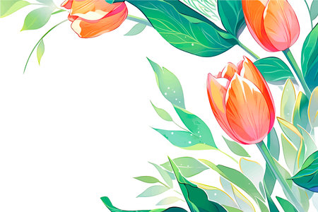 Spring background with tulip flowers and green leaves. vector illustration.のイラスト素材