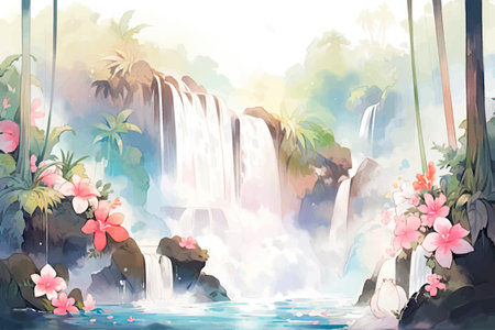 Watercolor painting of waterfall in tropical forest. Watercolor painting of waterfall with pink flowers.のイラスト素材
