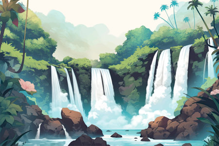 Waterfall in the jungle, vector illustration. Waterfall in the jungle.のイラスト素材