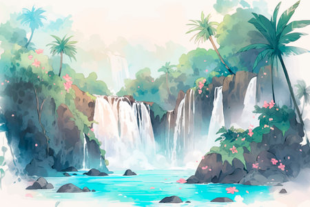 Watercolor painting of tropical waterfall and palm trees. vector illustration.のイラスト素材