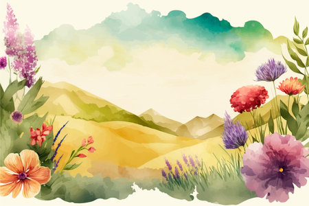 Watercolor landscape with flowers and mountains. illustration for your designのイラスト素材