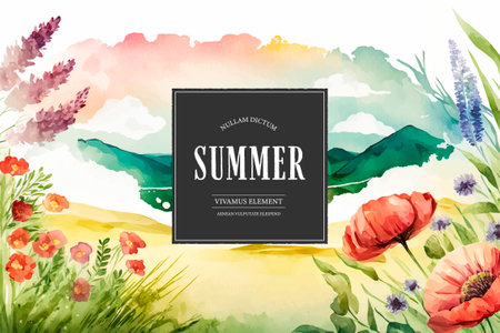 Watercolor summer background with poppies and lavender. vector illustrationの写真素材