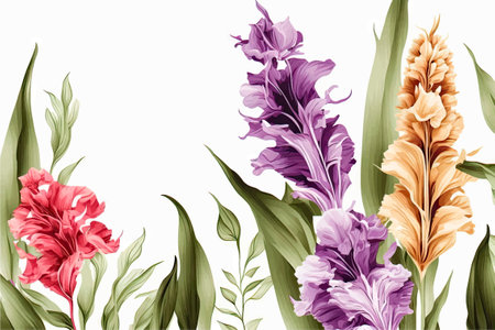 Seamless border with iris flowers and leaves. vector illustration.の写真素材