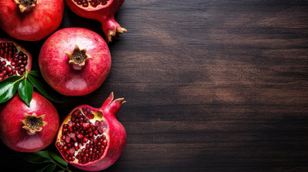 Ripe pomegranate fruits on wooden background. top viewの素材