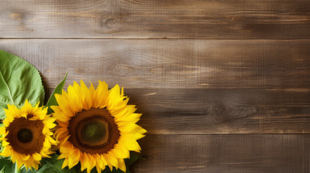 Sunflowers on a wooden background. Top view with copy space.の素材
