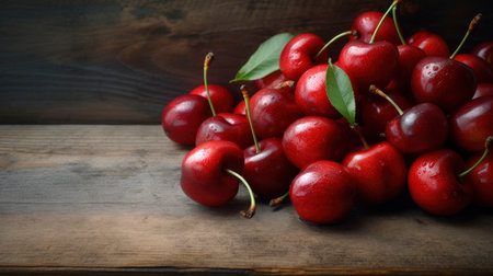 Cherries on a wooden background with copy space for text.の素材