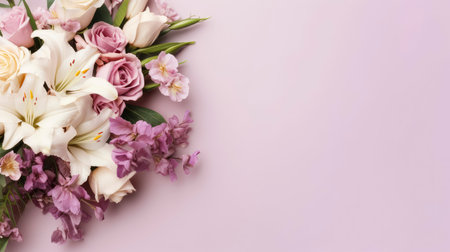 Bouquet of flowers on a pink background. Place for text.の素材
